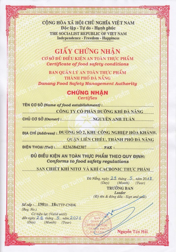 Chứng nhận đủ điều kiện an toàn thực phẩm